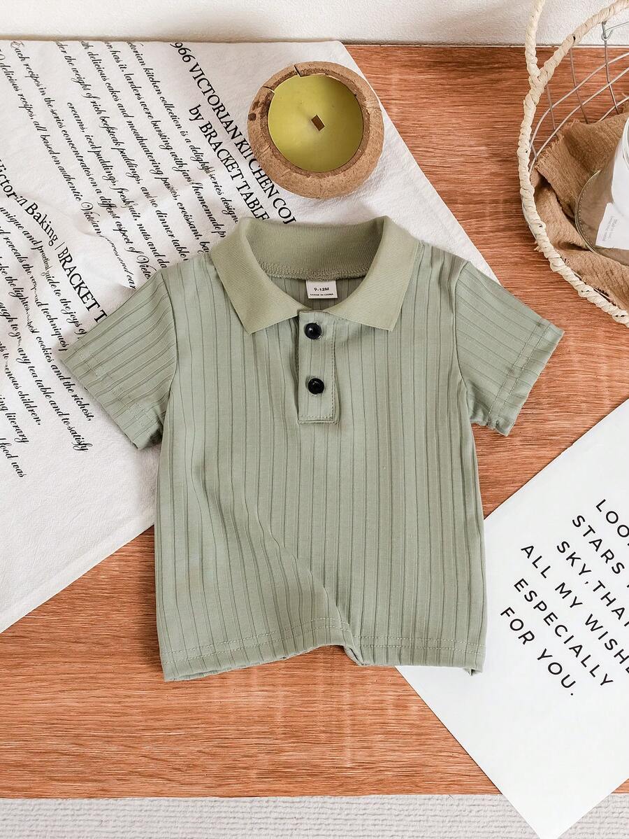 SHEIN Maglietta polo a coste unisex per neonati, bianca, adatta per tutte le occasioni estive, bianca versatile per tutti gli abbinamenti, scelta migliore per i neonati in estate - Verde - Visualizzare 1