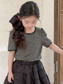 DAZY Young Girls Striped Round Neck Short Sleeve Knit T-Shirt, Fall Summer - Black and White - View 5
