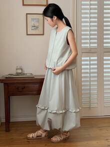 DAZY 少女纯色无袖背心+半裙两件套，秋夏季 - 灰色 - 查看 3