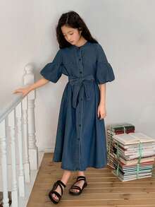 DAZY Tween Girls Casual Denim Short Sleeve Dress - Blue - View 5