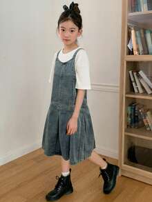 DAZY Tween Girl Solid Color Pleated Camisole Denim Dress - Blue - View 1