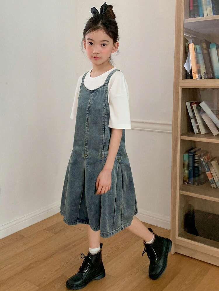 Tween Girl Solid Color Pleated Camisole Denim Dress