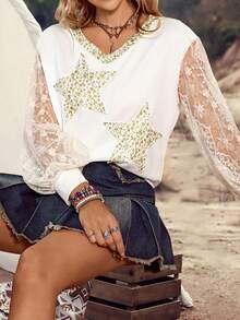 LanaWest Western Style Floral Lace Patchwork Contrast Color V-Neck Long Sleeve Versatile Women Sweatshirt - White - View 6