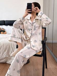 DAZY 爱心熊印花女士睡衣套装 - 米色 - 查看 4