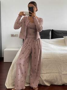 DAZY 3件套蝴蝶结印花开衫、吊带背心和裤子女士睡衣套装，秋季款 - 粉色 - 查看 4
