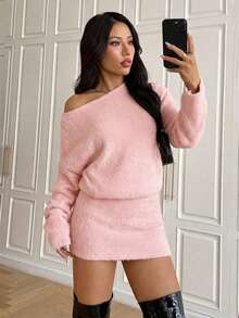SHEIN EZwear Women's Casual Solid Color Batwing Sleeve Mini Dress - Pink - View 6
