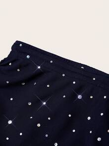 SHEIN EZwear 两件套黑色针织性感网纱亮片装饰女士迷你裙套装，适合派对穿着 - 寶藍色 - 查看 3