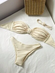 Swim Vcay 2Pcs Textured Wave Print Halter Bikini Set, Sexy Vacation Beach Swimsuit For Women Cream Bikini Strapless Bikini Cream Bathing Suit Ribbed Bikini