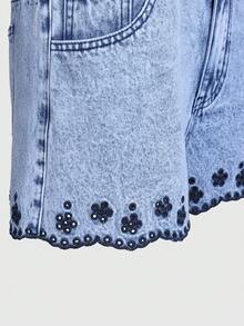 少女夏季休闲做旧口袋镂空刺绣牛仔短裤 - 中等水洗藍 - 查看 5