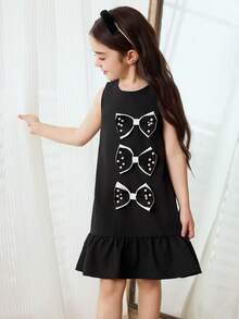 Elladie kids 1pc Girls' Summer New Black Round Neck Sleeveless A-Line Ruffle Hem Bowknot Pearl Decor Elegant Cocktail Party Princess Dress - Black - View 7
