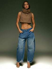 Denimoi Top sin mangas corto con cuello exagerado - Marrón - Ver 4