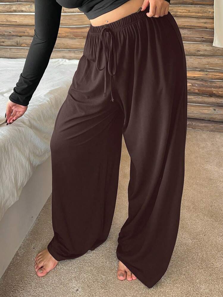 Dazy Plus Plus Size Women Elastic Waist Drawstring Straight Leg Sleepwear Bottoms, Solid Color Lounge Pants
