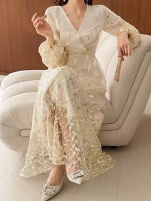 DAZY French Style Long Sleeve Dress, Women's Long Dress - Apricot - View 5