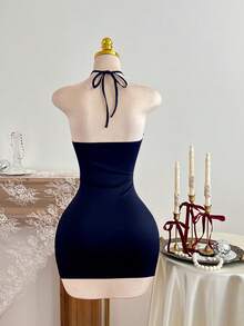 Elamini Women's Metal Ring Decor Halter Mini Dress - Navy Blue - View 2