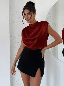 Firerie Women's Elegant Summer Burgundy Red Pleated Shirt,Minimalist Chic Ins-Style Party Night Top,Suitable For Valentine's Day,Date,Music Festival - Burgundy - View 3