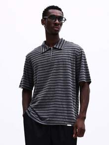 SUMWON Men's Striped Quarter Zip Polo Shirt Short Sleeve Collared Top Casual Summer Relaxed Fit - Grey - View 5