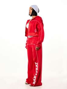 BABYPHAT Logo Wide Leg High Rise Elastic Waist Varsity Sweatpants With White Contrast Piping And Side Text - Red - View 4