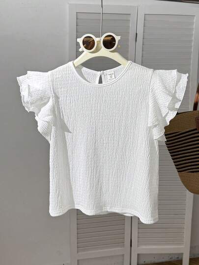 SHEIN Tween Girl Casual Round Neck Cap Sleeve Ruffle Hem Solid Color Blouse