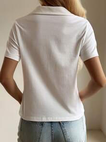 DAZY 女士宽松休闲 Polo 领 T 恤，适合春夏、约会、办公穿着 - 白色 - 查看 3