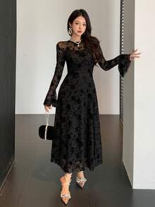 DAZY 春夏白色正式连衣裙，优雅修身拼接腰部连衣裙，适合婚礼、派对、宴会、通勤等场合。 - 黑色 - 查看 6