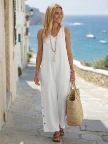 Faunlyn 女士纯色V领口袋纽扣设计阔腿宽松休闲连体裤 - 白色 - 查看 1