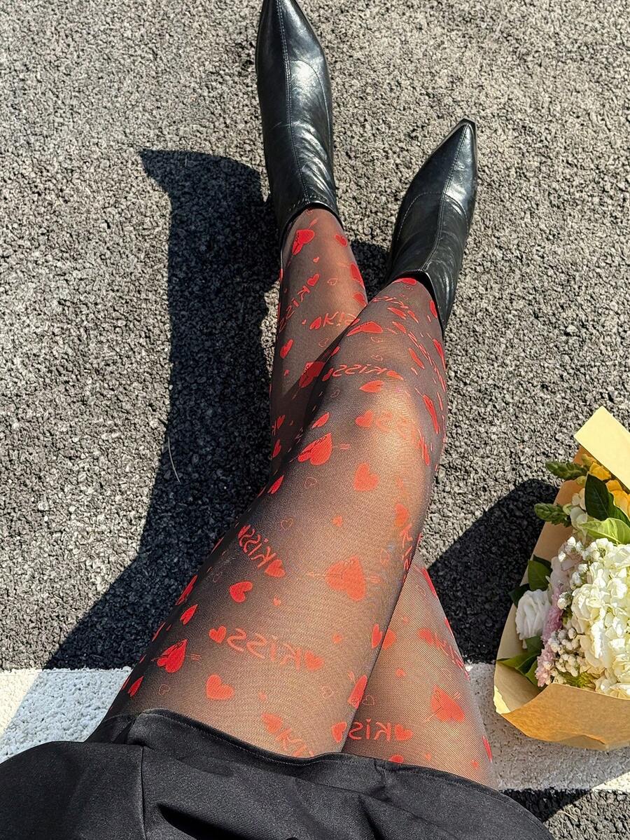 GalTyme Quần legging lưới in hình trái tim gợi cảm, thời trang cỡ lớn, thích hợp cho ngày Valentine. - màu đen - Xem 1