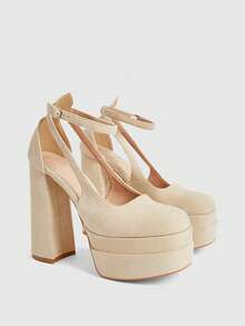 CUCCOO LuxiPop 女士杏色绒面革厚底高跟鞋，适合圣诞节、新年派对和夜店穿着 - 杏色 - 查看 2