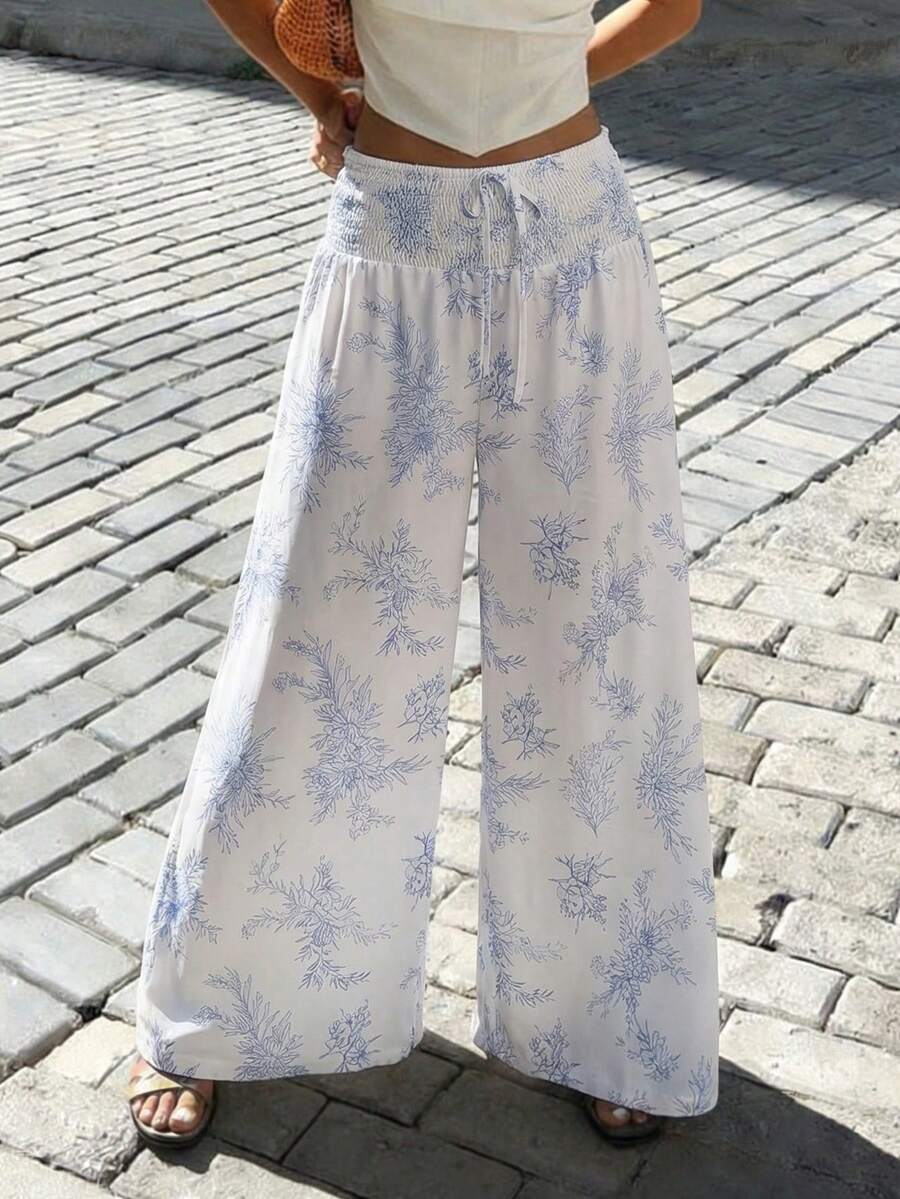 Pariaura 2026新款女士蓝白碎花阔腿裤 - 蝴蝶结腰身褶皱细节，休闲办公简约风格 - 彩色 - 查看 1