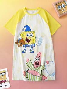 SpongeBob SquarePants | SHEIN Tween Girl Cute Cartoon Pattern Colorblock Raglan Short Sleeve Loose Nightgown Pajama, Summer - Yellow - View 1