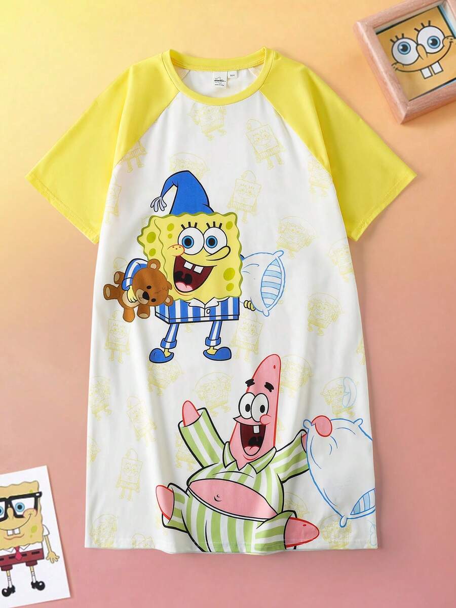 SpongeBob SquarePants | SHEIN Tween Girl Cute Cartoon Pattern Colorblock Raglan Short Sleeve Loose Nightgown Pajama, Summer - Yellow - View 1
