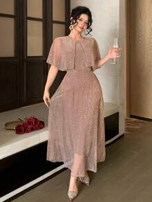 DAZY Women's Elegant Long Dress With Rhinestone Embellished Dolman Sleeves Sparkly Dress - Champagne - View 1