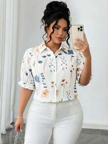 SHEIN LUNE Plus Size Front Button Short Sleeve Allover Print Casual Top, Everyday Wear Fall - Multicolor - View 3