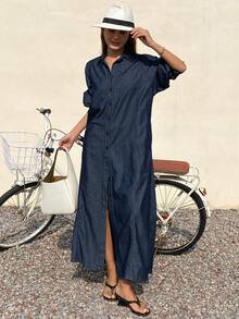 DAZY 女士翻领扭结露背镂空宽松长袖牛仔休闲优雅连衣裙 - 深色水洗藍 - 查看 5