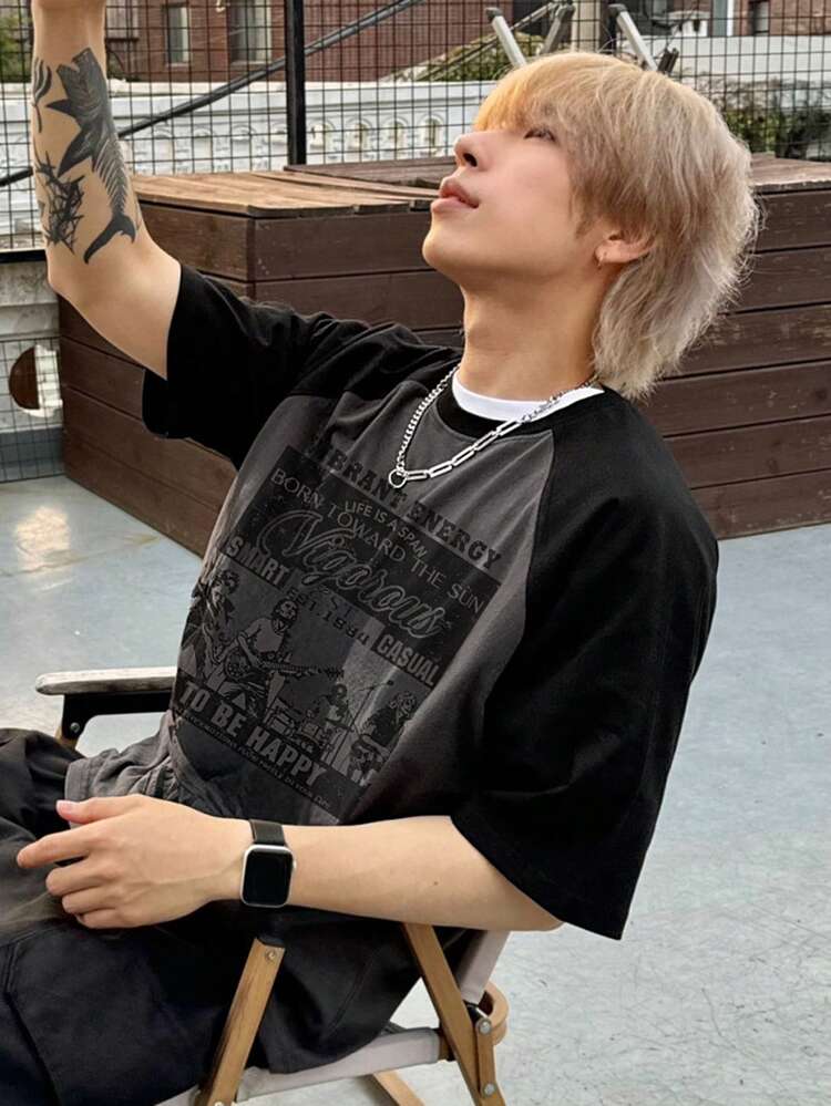 Summer Men's Raglan Sleeve Letter Graphic Print T-Shirt, Black & Grey