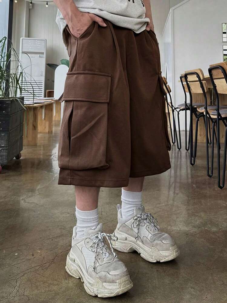 Men's Solid Color Cargo Loose Elastic Waist Shorts, Summer