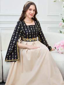 SHEIN 优雅迷人的黑金拼接方领披肩袖收腰连衣裙，阿拉伯长袍，端庄典雅 - 黑色 - 查看 5