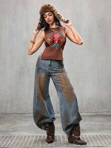 SHEIN HOT STUFF ملابس علوية صيفية للنساء بنمط كرتوني مع شق جانبي وظهر مكشوف وربطة خلفية - قهوة بني - مشاهدة 6