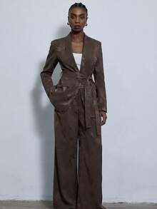 Aveloria Modichic 优雅缎面提花系带套装，女士时尚百搭，秋冬必备 - 咖啡棕 - 查看 1