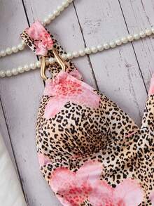 Bonvoyette 花卉豹纹深V领连体泳衣，配有可调节肩带和交叉露背设计 - 彩色 - 查看 4