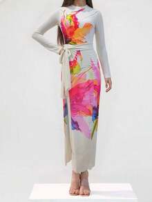 Swim Shayni Conjunto de biquíni feminino de uma peça com estampa floral, cor sólida, calcinha longa com amarração frontal e saia de banho estampada. Conjunto de duas peças para primavera/verão. Conjunto feminino multicolorido para ioga no verão. Conjunto de biquíni feminino de 3 peças. Conjunto feminino de 2 peças. Calça. - Multicolorido - Ver 4