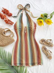 Soleia Women's Casual, Vacation, Beach Wedding Guest, Graduation, Brunch, St. Patrick's Day, Spring Break, Easter, Music Festival, Elegant Bohemian, Tropical Elegant Strapless, Open Shoulder, Backless, Office, Work, Halter, Striped Mini Dress - Multicolor - View 5