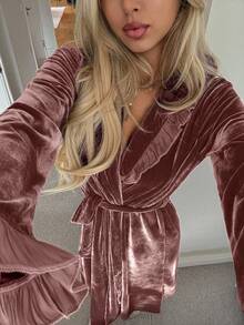 DAZY Women's Long Velvet Lace Trim Robe Loungewear Jacket, Autumn/Winter - Pink - View 6