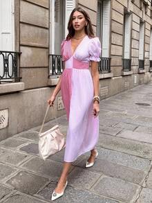 SHEIN PariChic 法式复古V领拼接泡泡袖连衣裙 – 红白撞色收腰中长裙，甜美性感又不失柔美时尚的风格，适合日常出行、度假和约会 – 娇小高挑身材皆宜 - 彩色 - 查看 5