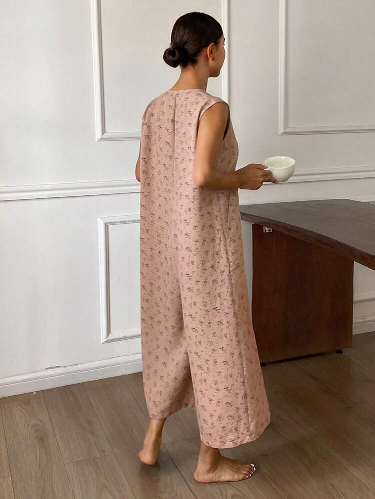 Ditsy Floral Sleeveless Loose Women's Jumpsuit Pajamas