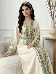 SHEIN 少女休闲度假舒适V领收腰连衣裙，适合春秋季穿着，日常穿着，端庄的阿拉伯长袍 - 彩色 - 查看 1