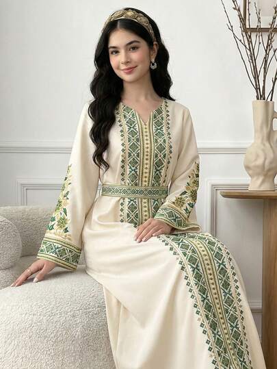 SHEIN Teen Girls Casual Vacation Comfortable V-Neck Pattern Waist Cinched Dress, Girls Spring Autumn Dress, Daily Wear, Modest Arabic Jalabiya Dress Teenager Dress Abaya Islamic Dresses For Girls Long Modest Dresses For Girls Muslim Girl Dress Abaya Sets Girls