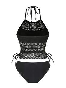 Swim Lushoire Women's Mature Grid Patchwork Halter Top And Triangle Bottoms Tankini 2 Pieces Set - Black - View 2