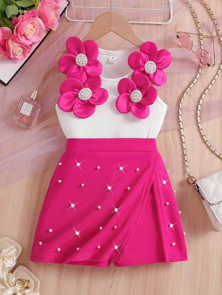 SHEIN Elladie kids 两件套：女童时尚白色碎花串珠圆领背心搭配弹力腰带玫红色修身短裤，适合生日、度假、派对、夏季等场合。 - 玫紅色 - 查看 1