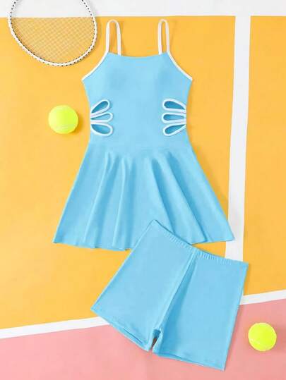 SHEIN 女童黑白拼接镂空吊带泳衣套装，中长款吊带泳裙和泳裤两件套