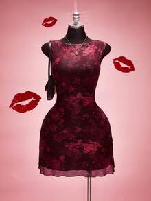 SHEIN ICON Đầm lưới không tay cổ thuyền in hoa hồng cỡ lớn, thích hợp cho mùa hè, lễ tốt nghiệp, tựu trường, kỳ nghỉ hè, mùa xuân, ngày Valentine, hẹn hò. - Nhiều màu - Xem 2